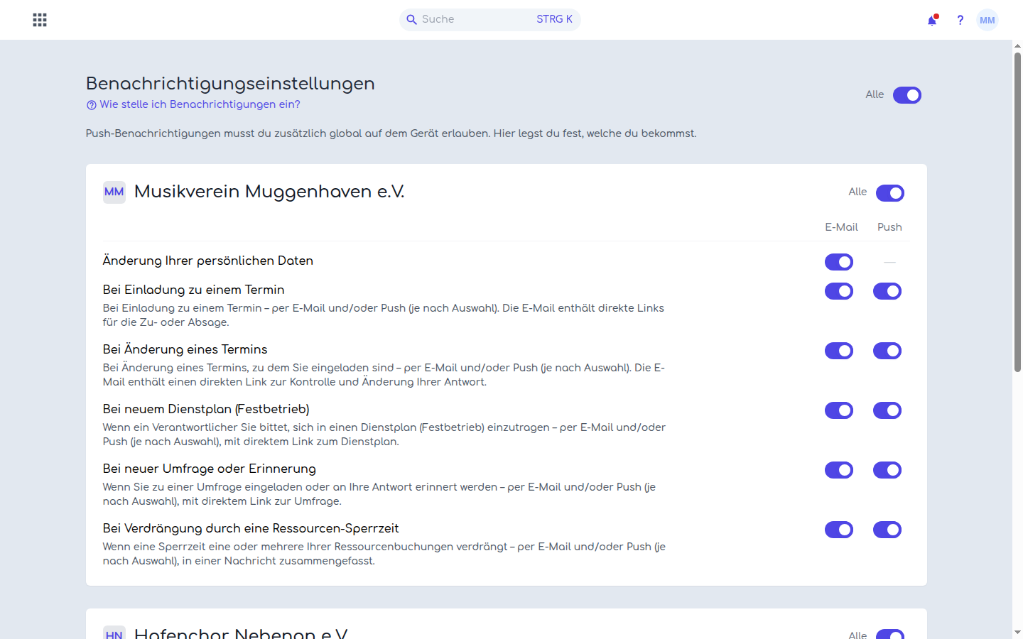 Vereinsbezogene Benachrichtigungseinstellungen