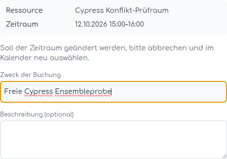 Vollständiger Buchungsdialog für einen freien erlaubten Zeitraum